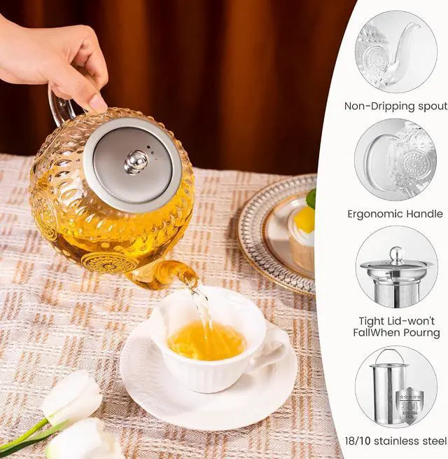 Alt view image 3 of 7 - Large 50OZ/1500ml Vintage Glass Teapot with Removable Infuser Stovetop Safe
