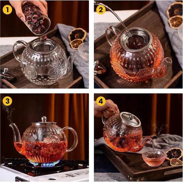 Alt view image 4 of 7 - Large 50OZ/1500ml Vintage Glass Teapot with Removable Infuser Stovetop Safe
