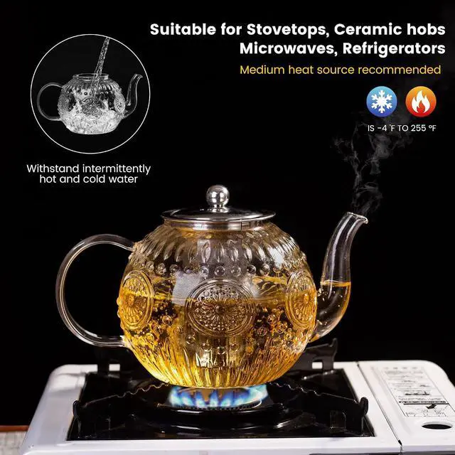 Alt view image 5 of 7 - Large 50OZ/1500ml Vintage Glass Teapot with Removable Infuser Stovetop Safe
