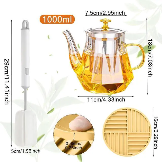 Alt view image 2 of 6 - 1000ml/35oz Glass Teapot with Pad & Brush