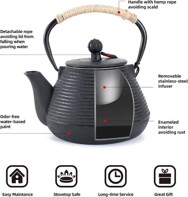 Alt view image 4 of 6 - Cast Iron Teapot with Infuser for Loose Leaf