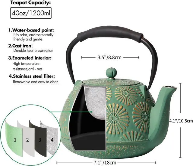 Alt view image 4 of 5 - Cast Iron Teapot 1200ml Large Capacity Tea Kettle