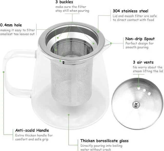 Alt view image 5 of 7 - Glass Teapots 950ml Borosilicate Glass Tea Pots with Infuser