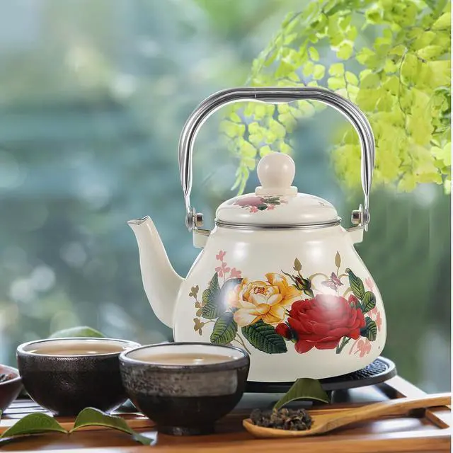 Alt view image 3 of 7 - Vintage Enamel Tea Kettle Stovetop 1l Capacity