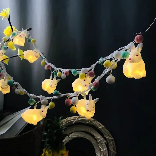 Main image of Cute Rabbit String Light with Pom Poms Fairy Lights Battery Operated
