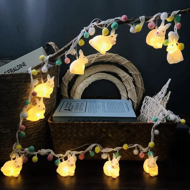 Alt view image 4 of 7 - Cute Rabbit String Light with Pom Poms Fairy Lights Battery Operated