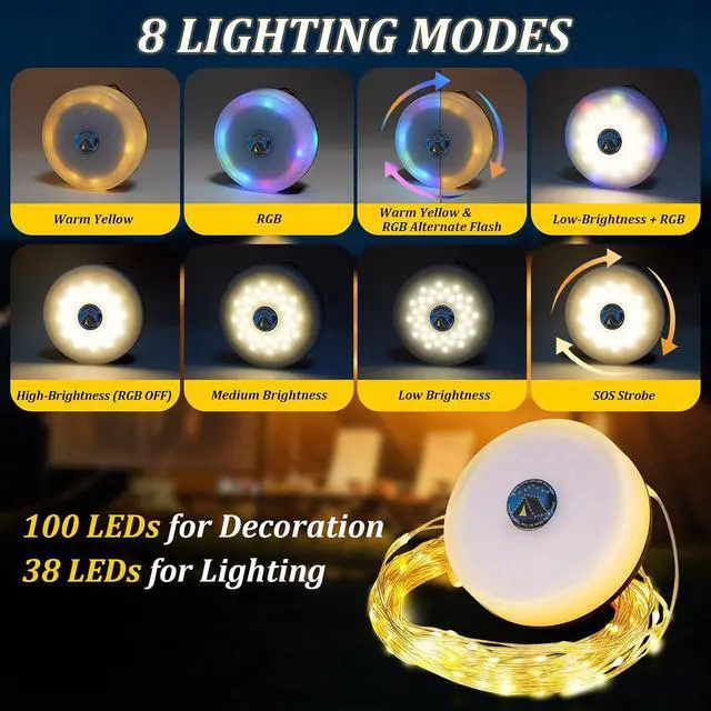 Alt view image 6 of 7 - 10M 2-in-1 Portable Lantern & RGB String Lights with 8 Modes