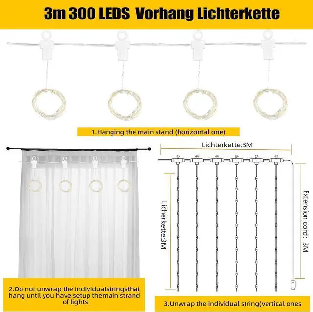Alt view image 2 of 7 - Curtain Fairy Lights Indoor 3m x 3m 300 LED