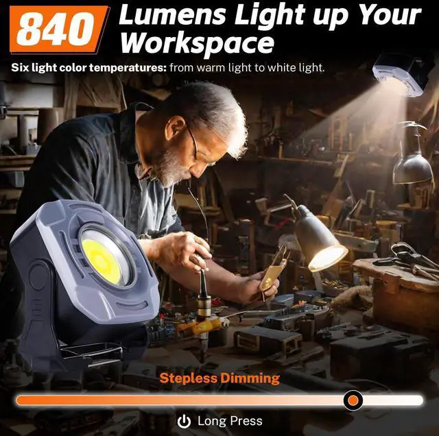 Alt view image 2 of 7 - KunHe 2 PCS Magnetic Rechargeable Work Light,4000mAh 840 Lumens,Stepless Dimming Mechanic car Light,32 Hours Long Runtime Magnetic Shop Light 330° Rotatable Portable Lamp with Hook, for Emergency work