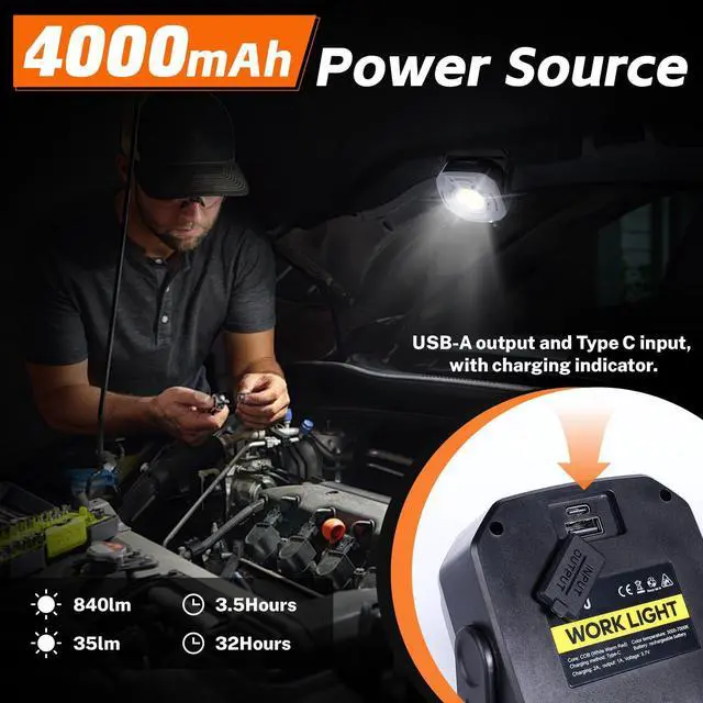 Alt view image 3 of 7 - KunHe 2 PCS Magnetic Rechargeable Work Light,4000mAh 840 Lumens,Stepless Dimming Mechanic car Light,32 Hours Long Runtime Magnetic Shop Light 330° Rotatable Portable Lamp with Hook, for Emergency work