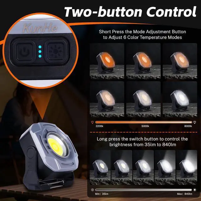Alt view image 4 of 7 - KunHe 2 PCS Magnetic Rechargeable Work Light,4000mAh 840 Lumens,Stepless Dimming Mechanic car Light,32 Hours Long Runtime Magnetic Shop Light 330° Rotatable Portable Lamp with Hook, for Emergency work