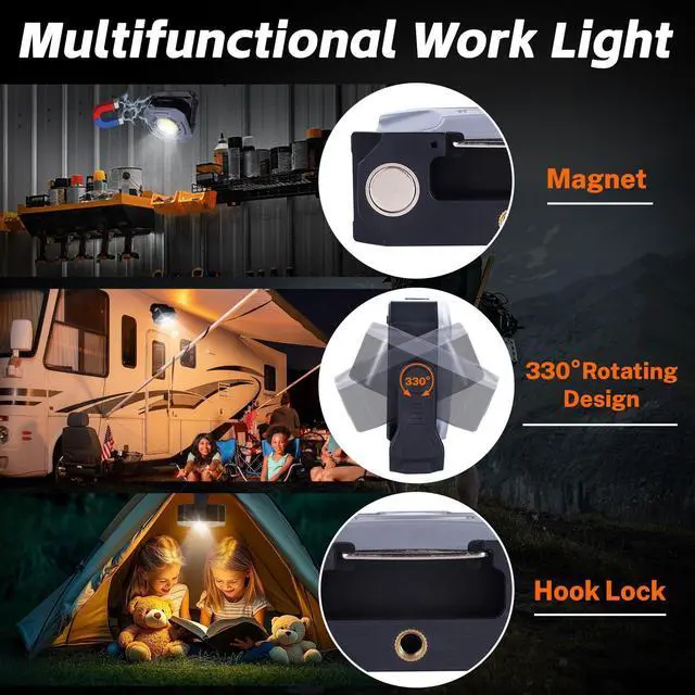 Alt view image 6 of 7 - KunHe 2 PCS Magnetic Rechargeable Work Light,4000mAh 840 Lumens,Stepless Dimming Mechanic car Light,32 Hours Long Runtime Magnetic Shop Light 330° Rotatable Portable Lamp with Hook, for Emergency work