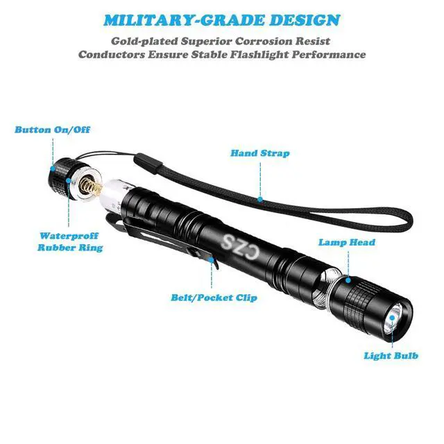Alt view image 3 of 7 - CZS Flashlight, 2 Pack Pen Light, Small Flashlights High Lumens, Battery-Powered LED Flashlight by 2AAA Battery, Waterproof Pocket Flashlights for Work, Emergency (Battery Not Included)