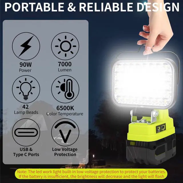 Alt view image 2 of 7 - Cordless LED Work Light Compatible with Ryobi 18V Battery, 90W 7000LM Flood Light with USB & Type-C, Low Voltage Protection for Garage Outdoor Job Site Lighting (No Battery)