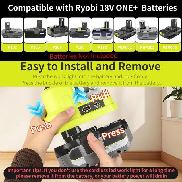Alt view image 3 of 7 - Cordless LED Work Light Compatible with Ryobi 18V Battery, 90W 7000LM Flood Light with USB & Type-C, Low Voltage Protection for Garage Outdoor Job Site Lighting (No Battery)