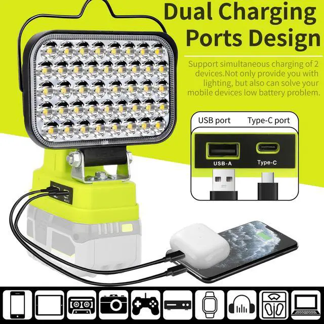 Alt view image 4 of 7 - Cordless LED Work Light Compatible with Ryobi 18V Battery, 90W 7000LM Flood Light with USB & Type-C, Low Voltage Protection for Garage Outdoor Job Site Lighting (No Battery)