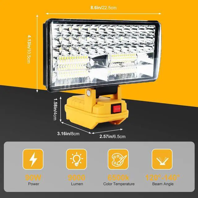 Alt view image 2 of 7 - Cordless LED Work Light for Dewalt 20V Battery, 8" Portable LED Flood Light Flashlight, 2 Modes Brightness, 90W 9000LM, Low Voltage Protection, USB Charging Ports, for Work Camping Outdoor(No Battery)
