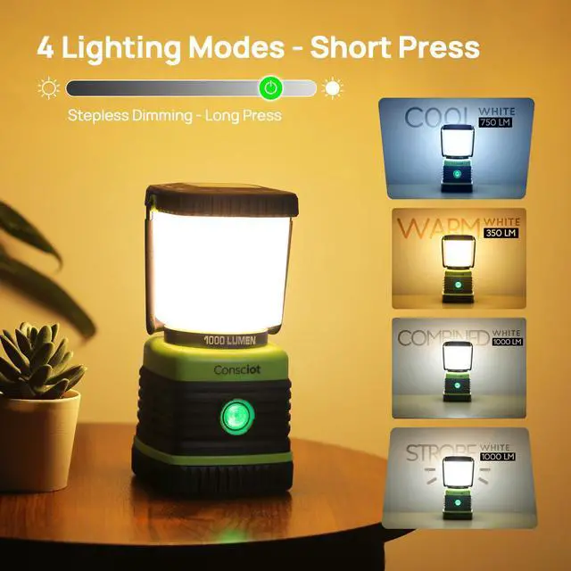 Alt view image 3 of 7 - Consciot LED Battery Powered Camping Lantern, 1000LM, 4 Light Modes, IPX4 Waterproof Portable Tent Flashlight for Power Outages, Emergency, Hurricane, Hiking, Light Green, 2-Pack