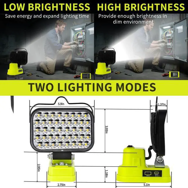 Alt view image 6 of 7 - Cordless LED Work Light Compatible with Ryobi 18V Battery, 90W 7000LM Flood Light with USB & Type-C, Low Voltage Protection for Garage Outdoor Job Site Lighting (No Battery)