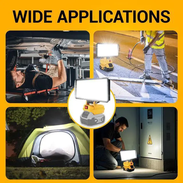 Alt view image 5 of 7 - Cordless LED Work Light for Dewalt 20V Battery, 8" Portable LED Flood Light Flashlight, 2 Modes Brightness, 90W 9000LM, Low Voltage Protection, USB Charging Ports, for Work Camping Outdoor(No Battery)