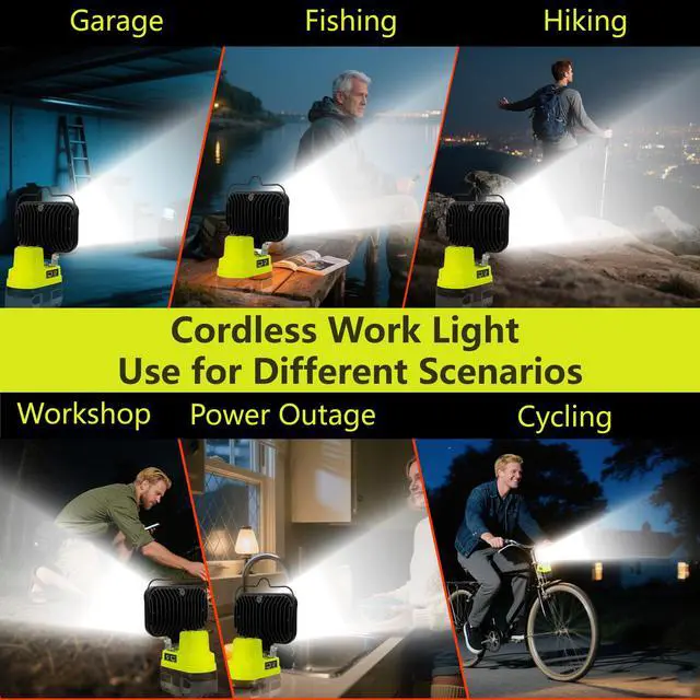 Alt view image 7 of 7 - Cordless LED Work Light Compatible with Ryobi 18V Battery, 90W 7000LM Flood Light with USB & Type-C, Low Voltage Protection for Garage Outdoor Job Site Lighting (No Battery)