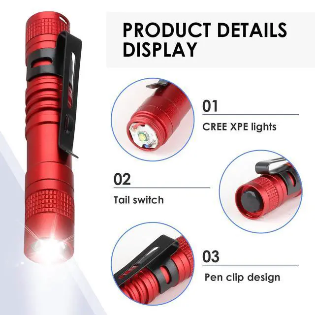 Alt view image 6 of 7 - Mini Flashlight, AAA Small Pen Light with Clip, Portable 500lm Pocket Pen Flashlight for Inspection Repair Outdoor Emergency (3 Pack, Red, 3.5")