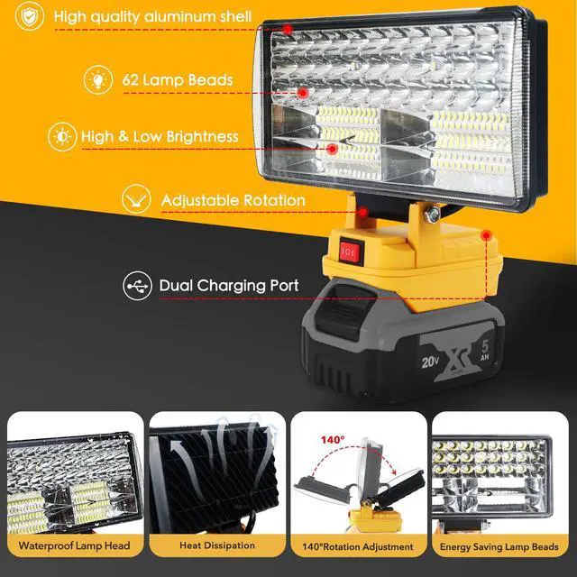 Alt view image 6 of 7 - Cordless LED Work Light for Dewalt 20V Battery, 8" Portable LED Flood Light Flashlight, 2 Modes Brightness, 90W 9000LM, Low Voltage Protection, USB Charging Ports, for Work Camping Outdoor(No Battery)
