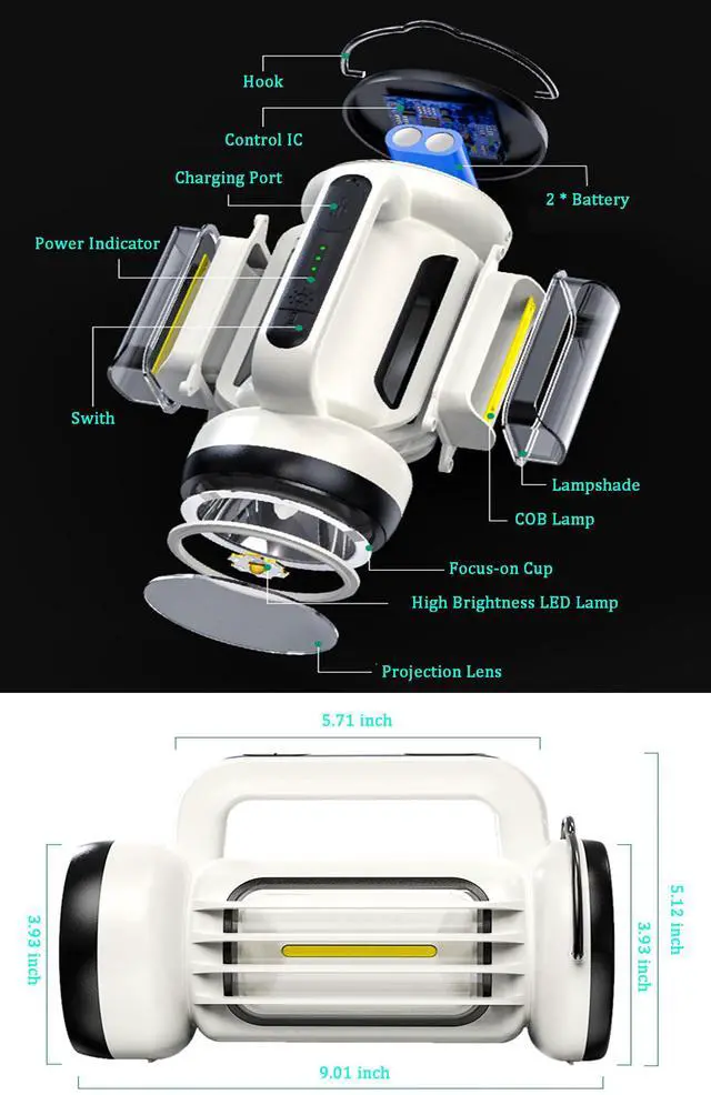 Alt view image 7 of 7 - Handheld LED Searchlights Lantern High Power Big Flashlights, 16000LM 5 Lighting Modes Rechargeable Outdoors Camping Hunting Lamp Portable COB Spotlight Work Light for Emergency