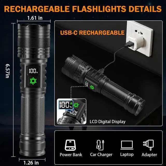 Alt view image 3 of 7 - 6Pack Rechargeable Flashlights High Lumens, LED Flashlight Rechargeable with LCD Digital Display, 5Modes Adjustable Flash Light, Super Bright Flashlight Powerful, Tactical Flashlights for Home