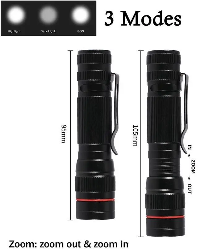 Alt view image 3 of 5 - Wrrozz 2 Pack Small Mini LED Rechargeable Flashlight, Zoomable with Clip | High Lumens flahlights, Single Mode Super Bright EDC Flash Light, Portable Pocket Pen, for Gift, Camping, Emergency, Hiking