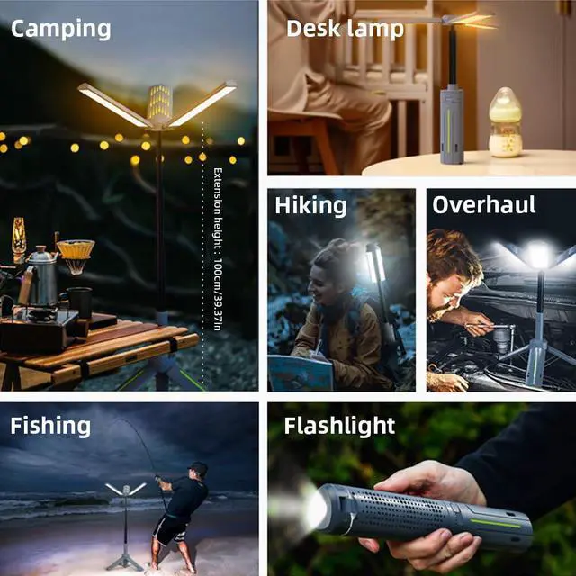 Alt view image 2 of 7 - Rechargeable 8000mAh Camping and Work Light with Adjustable Stand 3.4 ft, 3000 Lumen Cordless Work Light Featuring 3 Adjustable Heads, Dimmable Emergency Flashlight with Telescopic Tripod