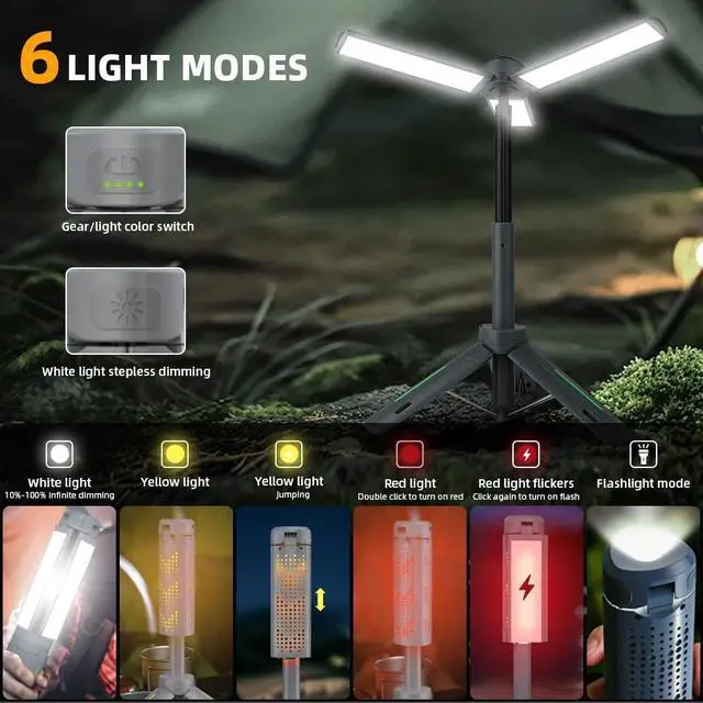Alt view image 3 of 7 - Rechargeable 8000mAh Camping and Work Light with Adjustable Stand 3.4 ft, 3000 Lumen Cordless Work Light Featuring 3 Adjustable Heads, Dimmable Emergency Flashlight with Telescopic Tripod