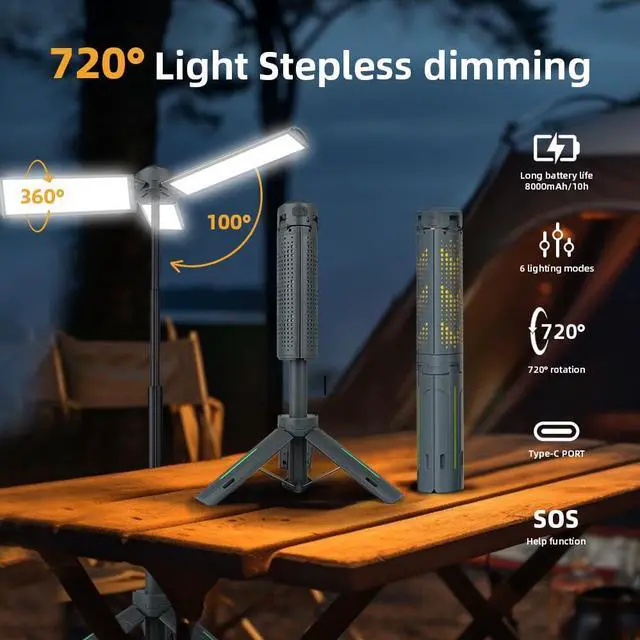 Alt view image 4 of 7 - Rechargeable 8000mAh Camping and Work Light with Adjustable Stand 3.4 ft, 3000 Lumen Cordless Work Light Featuring 3 Adjustable Heads, Dimmable Emergency Flashlight with Telescopic Tripod