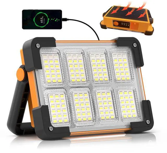 Main image of 120W Solar Rechargeable Work Light, 144 LED 10000LM Led Work Light with 4 Modes, Portable Flood Light with Stand, IP66 Waterproof Outdoor Working Light for Emergency Mechanic Camping Repair (Yellow)