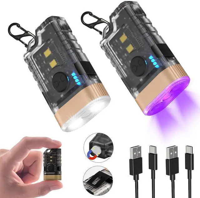 Main image of LED Small Powerful EDC Flashlight, 365nm UV Black Light, Mini Led Flashlight High LM, USB C Rechargeable Mini Keychain Flash Light with Clip, Tail Magnet, 9 Modes, Waterproof Pocket Flashlights 2 PC