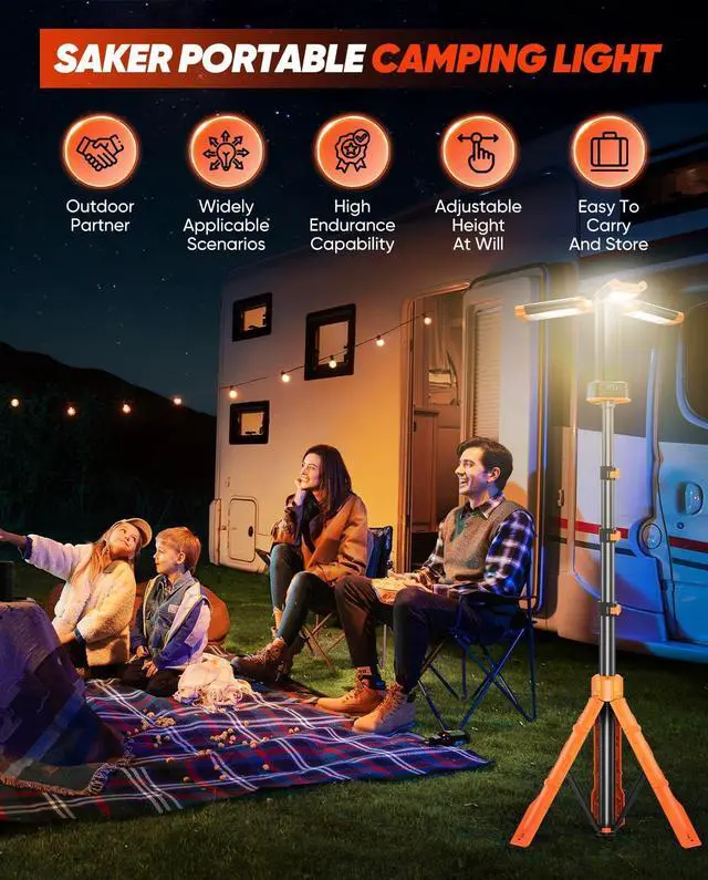 Alt view image 2 of 7 - Saker Portable Camping Light with Stand 73inch 20000mAh Rechargeable LED Work Lights 3200 Lumen 4000/6500K Emergency Lights for Camping, Garage, Outdoor Work, Power Outages, Fishing LD18