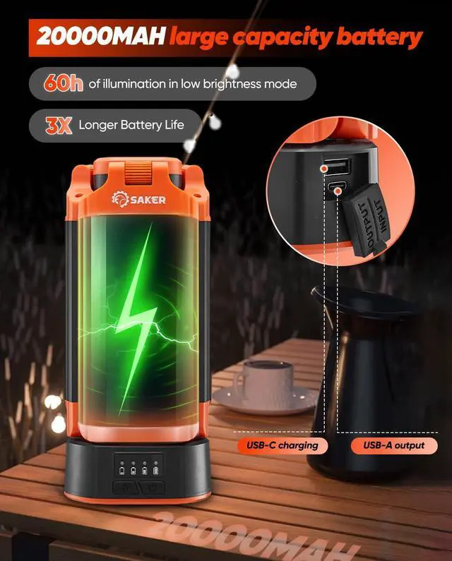 Alt view image 3 of 7 - Saker Portable Camping Light with Stand 73inch 20000mAh Rechargeable LED Work Lights 3200 Lumen 4000/6500K Emergency Lights for Camping, Garage, Outdoor Work, Power Outages, Fishing LD18