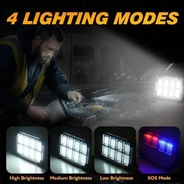 Alt view image 3 of 7 - 120W Solar Rechargeable Work Light, 144 LED 10000LM Led Work Light with 4 Modes, Portable Flood Light with Stand, IP66 Waterproof Outdoor Working Light for Emergency Mechanic Camping Repair (Yellow)