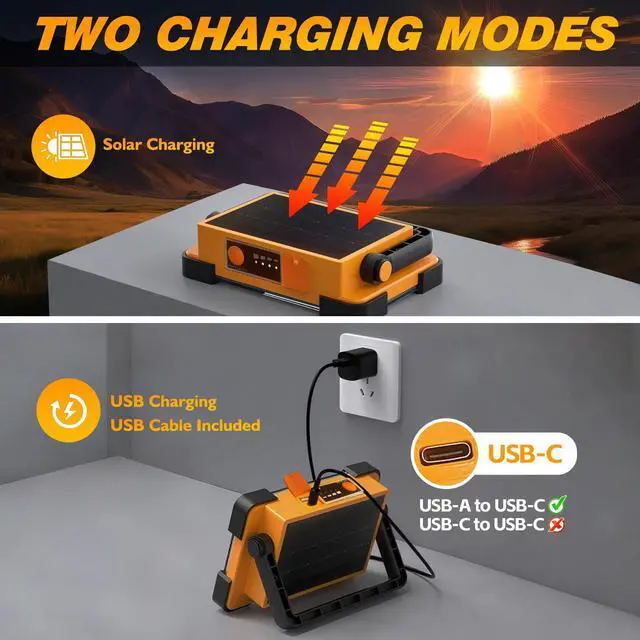 Alt view image 4 of 7 - 120W Solar Rechargeable Work Light, 144 LED 10000LM Led Work Light with 4 Modes, Portable Flood Light with Stand, IP66 Waterproof Outdoor Working Light for Emergency Mechanic Camping Repair (Yellow)