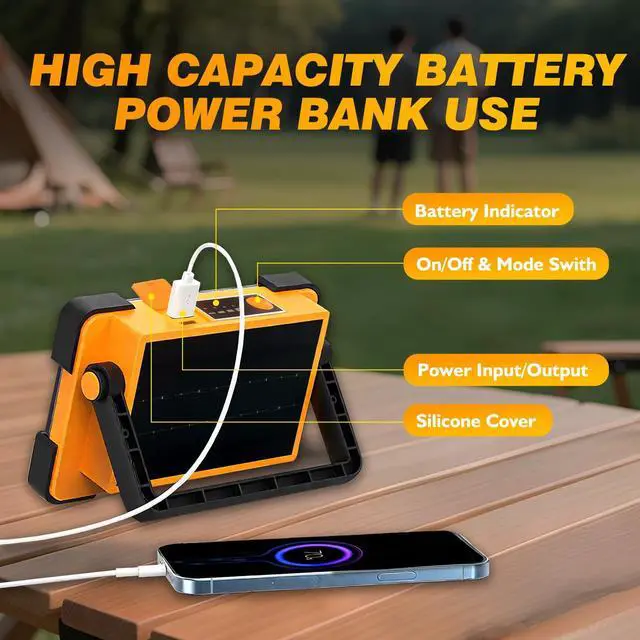 Alt view image 6 of 7 - 120W Solar Rechargeable Work Light, 144 LED 10000LM Led Work Light with 4 Modes, Portable Flood Light with Stand, IP66 Waterproof Outdoor Working Light for Emergency Mechanic Camping Repair (Yellow)