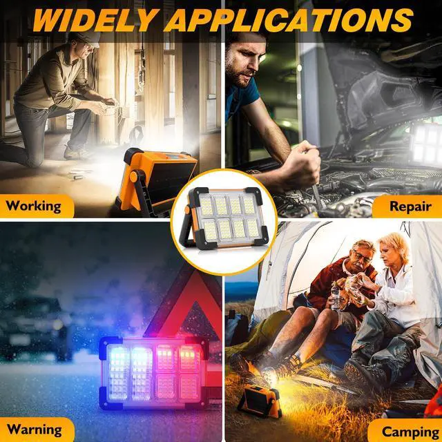 Alt view image 7 of 7 - 120W Solar Rechargeable Work Light, 144 LED 10000LM Led Work Light with 4 Modes, Portable Flood Light with Stand, IP66 Waterproof Outdoor Working Light for Emergency Mechanic Camping Repair (Yellow)
