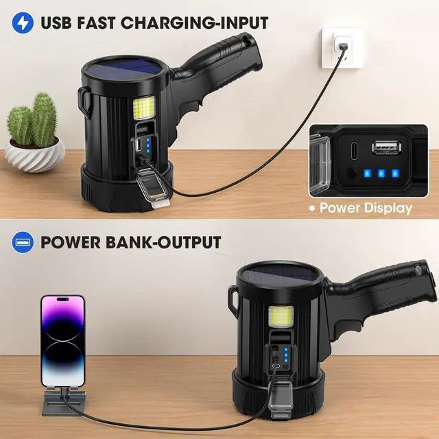 Alt view image 3 of 7 - Kmivo Rechargeable Spotlight, 2,000,000 Lumens Super Bright Handheld Led Flashlight, Outdoor Spot Light with Cob Light and Solar Panelsfor Boating Camping