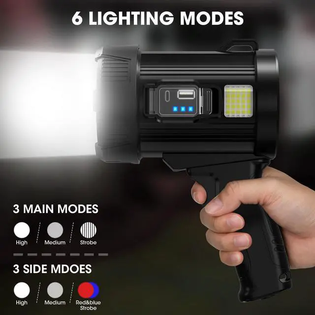 Alt view image 4 of 7 - Kmivo Rechargeable Spotlight, 2,000,000 Lumens Super Bright Handheld Led Flashlight, Outdoor Spot Light with Cob Light and Solar Panelsfor Boating Camping