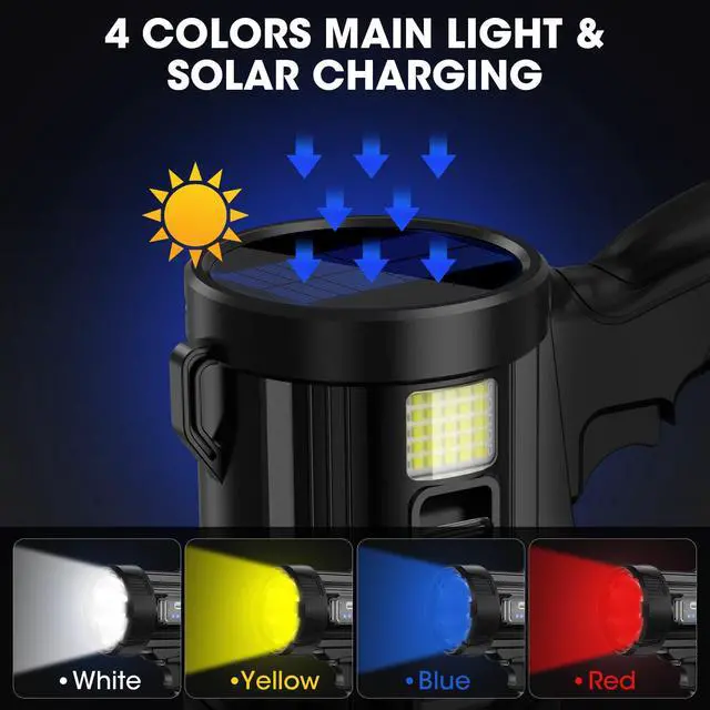 Alt view image 5 of 7 - Kmivo Rechargeable Spotlight, 2,000,000 Lumens Super Bright Handheld Led Flashlight, Outdoor Spot Light with Cob Light and Solar Panelsfor Boating Camping