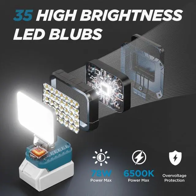 Alt view image 3 of 7 - LED Work Light Compatible with Makita 18V Battery, 78W 10000LM Cordless Work Light with 2 USB Charging Port, 145° Adjustable Angle Portable Flood Light Flashlight (Battery NOT Included)
