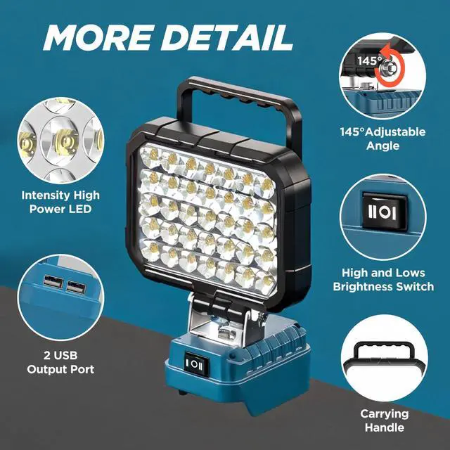 Alt view image 5 of 7 - LED Work Light Compatible with Makita 18V Battery, 78W 10000LM Cordless Work Light with 2 USB Charging Port, 145° Adjustable Angle Portable Flood Light Flashlight (Battery NOT Included)