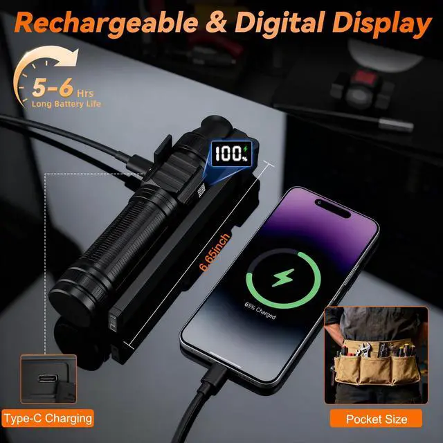 Alt view image 3 of 7 - 2Pack Magnetic Rechargeable LED Work Light/Flashlight for Mechanics | All Aluminum, 1500 High Lumens, Digital Display, 7 Modes, 360° Rotation, for Car Repairing, Emergency, Gifts for Father