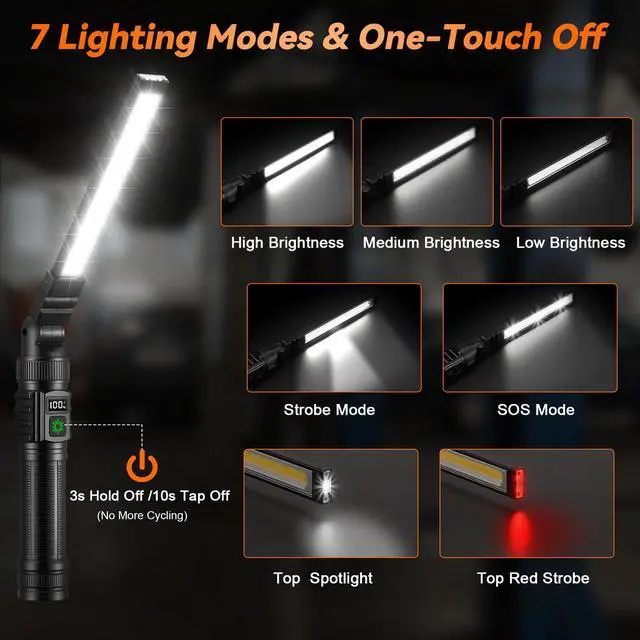Alt view image 5 of 7 - 2Pack Magnetic Rechargeable LED Work Light/Flashlight for Mechanics | All Aluminum, 1500 High Lumens, Digital Display, 7 Modes, 360° Rotation, for Car Repairing, Emergency, Gifts for Father