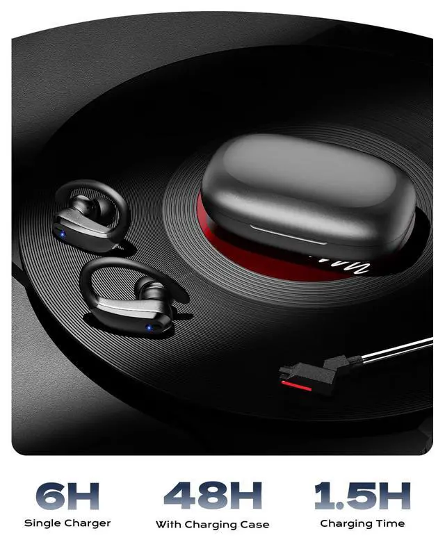 Alt view image 5 of 7 - Wireless Earbuds Bluetooth 5.3 Sport Headphones with Earhooks,IPX7 Waterproof Earphones,48H Playtime Earbuds,Lightweight 7.8g,Noise Cancelling Mic Bluetooth Headphones for Running & Workout-Black