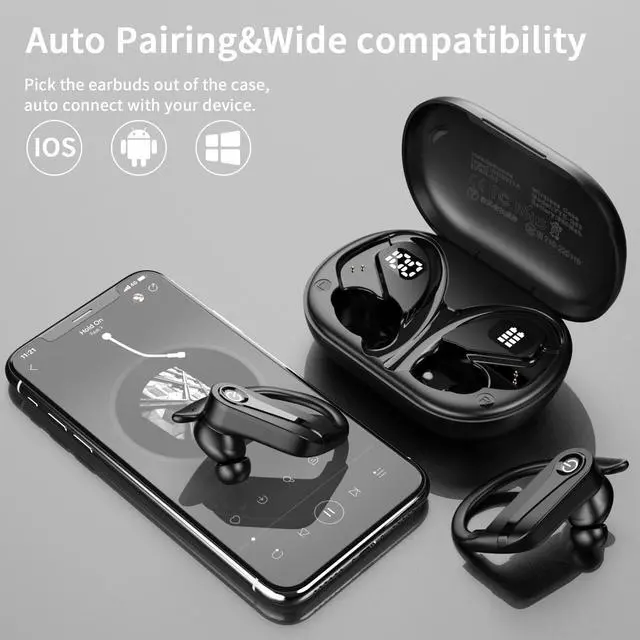 Alt view image 2 of 5 - Wireless Earbuds 120H Playback Bluetooth 6.1 Headphones IPX7 Waterproof Stereo Bass Over-Ear Headphones with Earhooks Microphone LED Battery Display for Sports Running Workouts